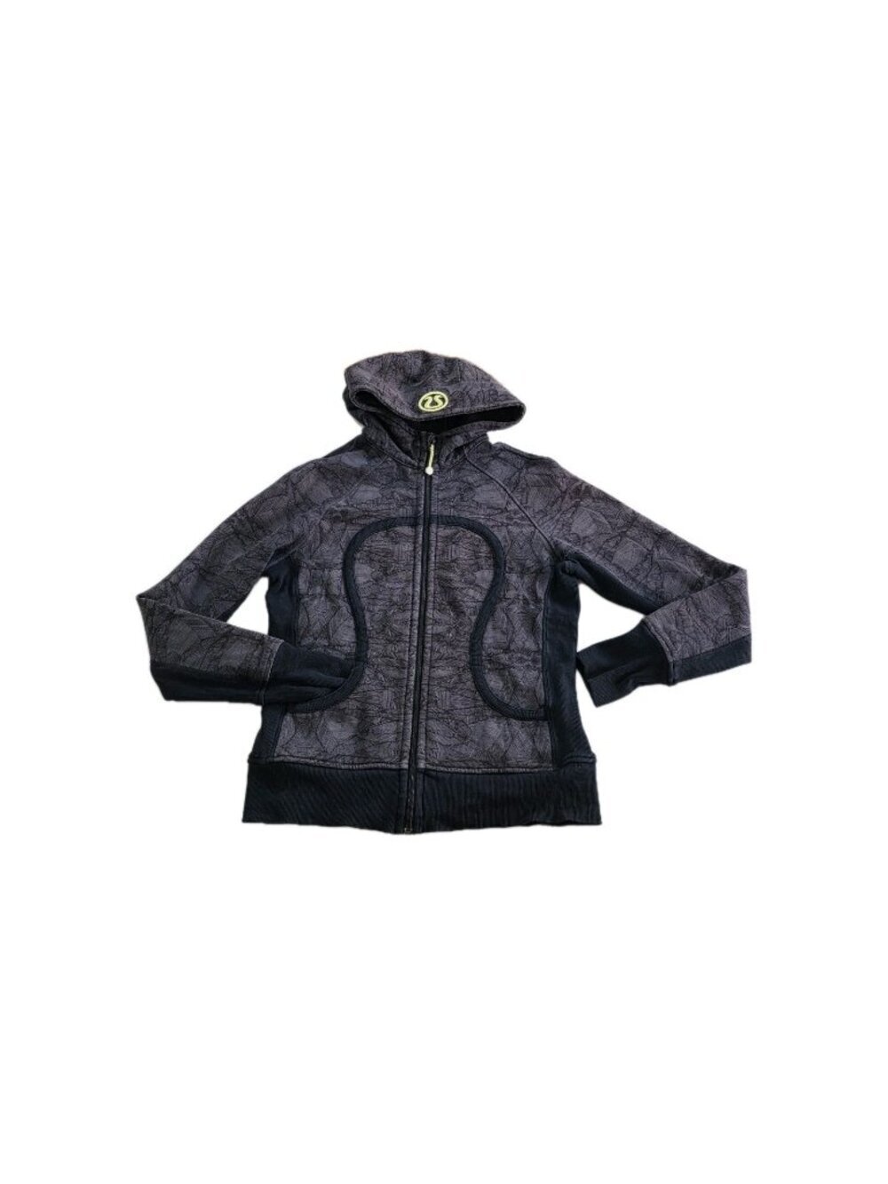 Lululemon Scuba Hoodie Womens 12 Black Gray Zip Abstract Fleece Inside Logo Yoga